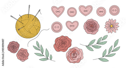 Hand-drawn collection of crafting and sewing elements, including a ball of yarn, needles, buttons, roses, and leaves for design.