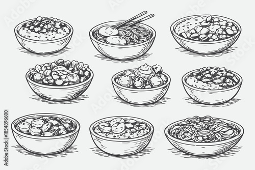 Hand Drawn Bowl Food Collection Sketch Style Vector Set