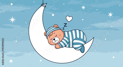 Adorable cartoon teddy bear in striped pajamas and a nightcap sleeping peacefully on a crescent moon in a starry night sky.