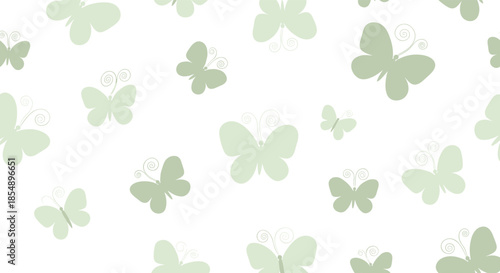 Simple and delicate seamless pattern of light green butterfly silhouettes scattered across a clean, plain white background for design.