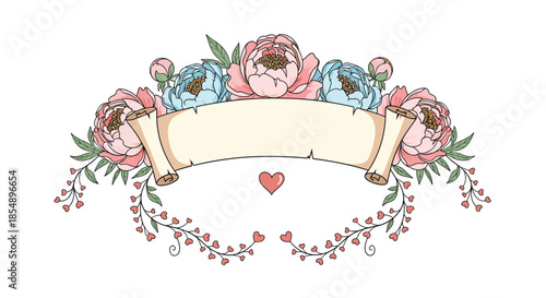 Vintage floral banner with a blank parchment scroll for text, decorated with beautiful pink and blue peony flowers and leaves.