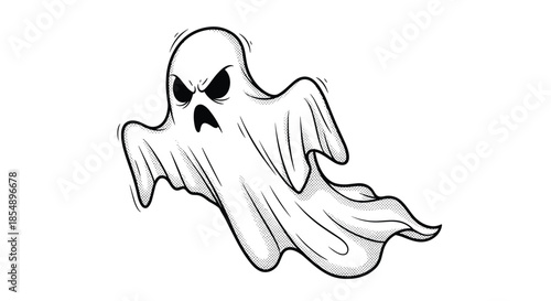 Spooky angry ghost with a menacing expression, floating with a ragged appearance, drawn in a black and white halftone style.