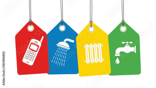 Colorful tags with phone, shower, radiator, and faucet icons hanging down