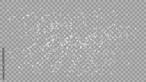 White snow and small glowing stars on light background. Clean winter sparkle texture for festive design.