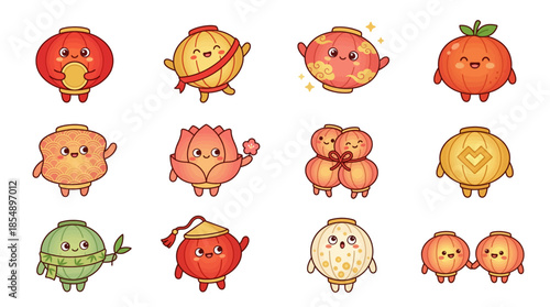 Collection of cute cartoon lantern and fruit characters with happy expressions, isolated on a white background.