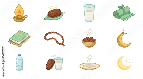 A collection of twelve cartoon icons representing various elements and traditions associated with Ramadan and Islamic culture, including dates, milk, water, prayer items, and crescent moons.