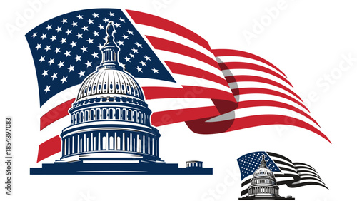 The US Capitol building with American flags waving in the background illustrated.