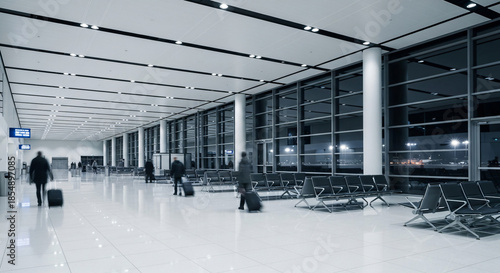 People walking with luggage in a modern airport terminal interior with rows of chairs