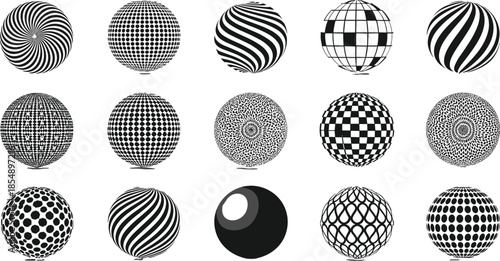 Optical illusion, abstract sphere, black and white, geometric pattern, visual art, cad drawing, flat vector illustration, hypnotic, graphic design