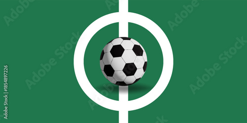Ball on soccer field top view, football pitch view from above, poster with space for text, vector
