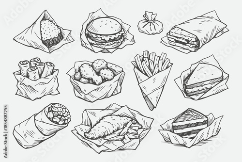 Hand Drawn Paper Wrapped Food Sketch Vector Illustration Set