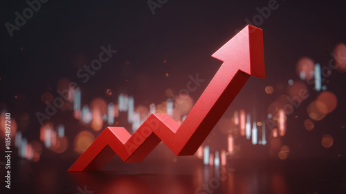 Red arrow ascending over dynamic stock market chart with glowing candlestick lights and bokeh highlighting growth and upward momentum