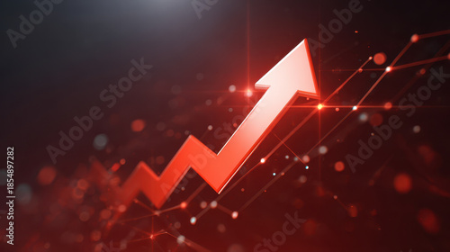 Red arrow ascending over dynamic stock market graph with glowing data points and futuristic red bokeh lighting conveying growth and positive momentum