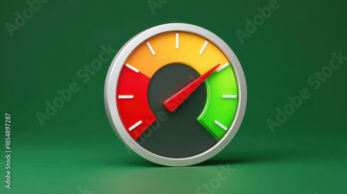 Red yellow green gauge meter showing high risk level with red needle on orange segment, vibrant simple studio rendering conveying alert and urgency