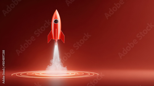 Red rocket launch rocket launch smoke plume rings red background studio lighting glossy minimal futuristic spacecraft toy rocket ascent takeoff propellant vapor motion speed lift vertical