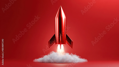 Red rocket metallic rocket red metallic rocket launch blast off smoke plume studio background minimal composition futuristic vehicle