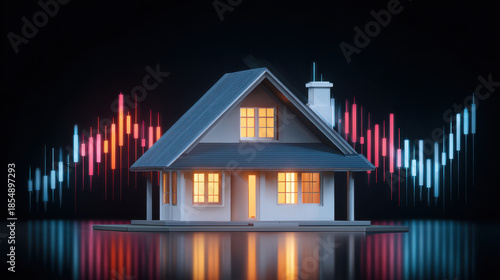 Cozy illuminated house model with reflective surface and colorful financial chart bars rising behind, warm window light creating contrast and modern investment mood