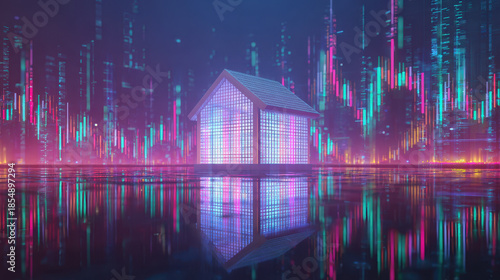 Shimmering glass house reflected on neon water with colorful digital light bars and futuristic city skyline, serene cyberpunk atmosphere with glowing vertical data patterns