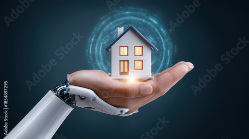 Robotic hand and human hand holding smart house model with glowing digital shield, futuristic home automation concept conveying protection and innovation in smart home technology