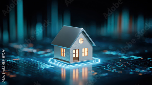 Leicathecat shiny transparent home placed interactive decorated blue glowing miniature technology circuit board smart house model concept futuristic illuminated window roof front interior warm