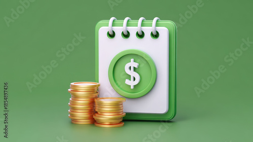 Green notebook with dollar symbol and stacked gold coin representing budget planning and financial saving concept with optimistic tone