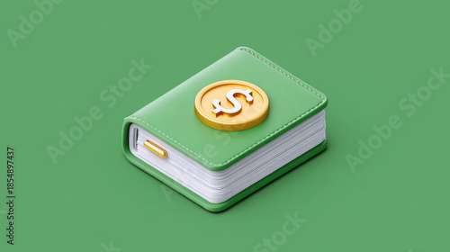Green budget planner book with dollar coin emblem on cover and stacked pages, minimal finance concept with neat stitching and simple shadow
