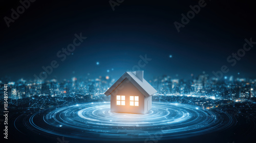 Smart home icon house model digital network glowing window connected technology energy city night