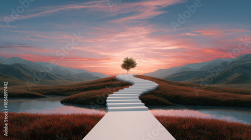 Surreal landscape path staircase tree sunset river hill mountain grass reflection tranquil