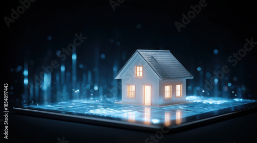 Glowing miniature house tablet smart home model digital home concept illuminated window technology interface futuristic scene blue lighting miniature building touchscreen device modern architecture