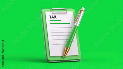 Green clipboard with tax document and green pen symbolizing business accounting and financial paperwork, focused office concept with clean layout and professional tone