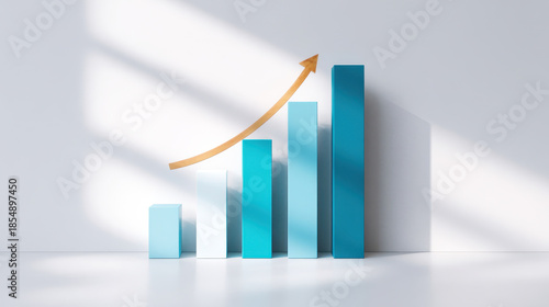 Upward bar graph casting shadow on white wall with teal gradient bars and golden arrow showing growth and optimistic mood