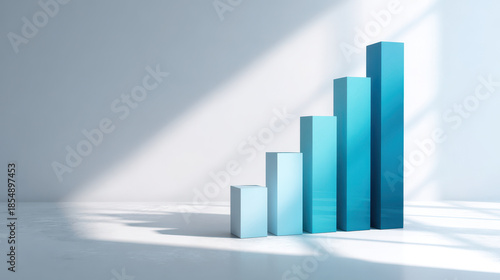 Upward bar graph casting shadow on white floor with soft sunlight and blue gradient columns expressing growth and calm optimism