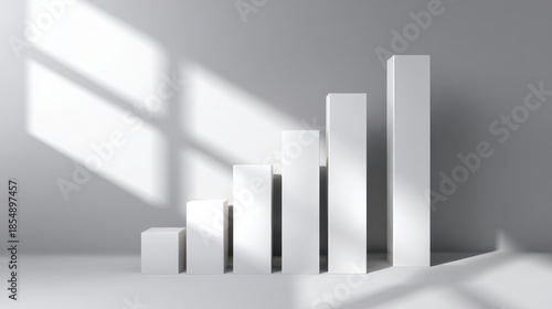 Upward bar graph casting shadow white mini pedestal column bar pedestal column chart growth skyline minimal studio studio lighting white gray shadow reflection geometric architecture business