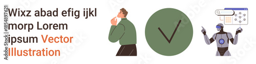 Decision-making, technological innovation, AI development, cybersecurity, futuristic robotics, data processing. A thoughtful human, a checkmark and a robot using technology. Decision-making