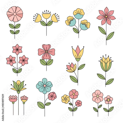 Colorful Floral Illustration Featuring Diverse Simplified Flower Designs for Creative Projects
