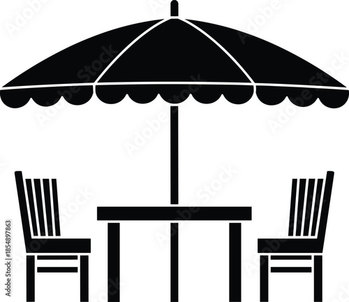 Outdoor, table, chairs, umbrella, patio, furniture, silhouette, garden, seating, shade, cafe, relaxation, dining, summer, deck, black, white, vector, illustration, design