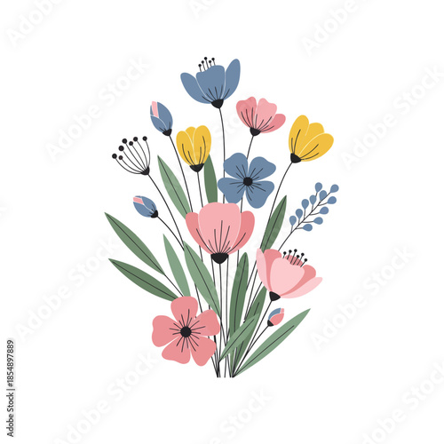 Delicate pastel-colored floral bouquet illustration with a variety of blossoms and leaves
