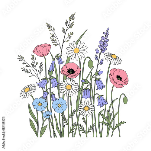 Delicate wildflower arrangement featuring pastel blooms and lush greenery in a charming botanical