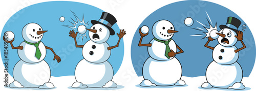 Snowmen having a fun snowball fight in winter