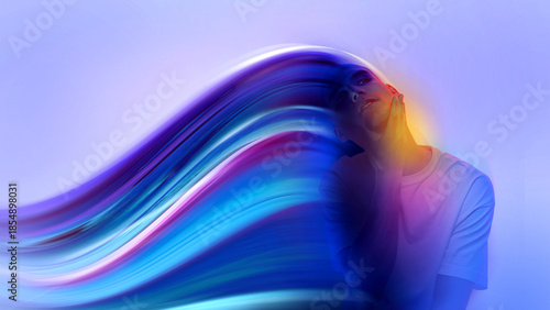 Foto Surreal design of female portrait with flowing light waves and dreamy emotion