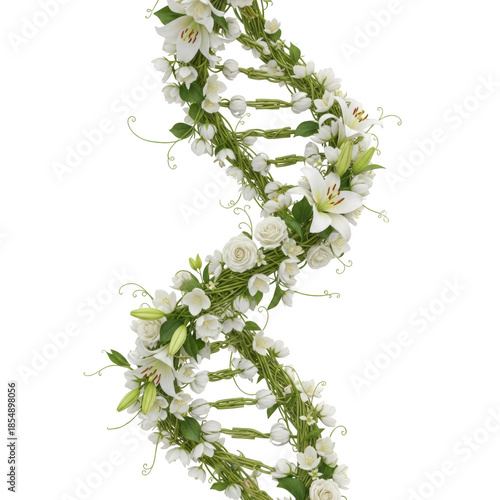 White flowers form a D N A helix on black background