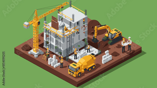 Construction workers build a building with a crane and excavator on a green site