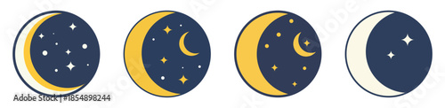 Moon Crescent Icon Set, Lunar Phases and Half Moon Symbols, Vector Illustration.