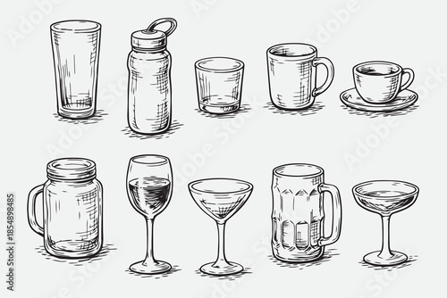 Hand Drawn Drink Glassware Shapes Sketch Vector Set