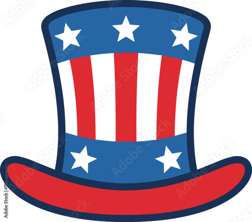 Patriotic Uncle Sam hat illustration with stars and stripes, American USA symbol design for Independence Day, Fourth of July, celebration graphics
