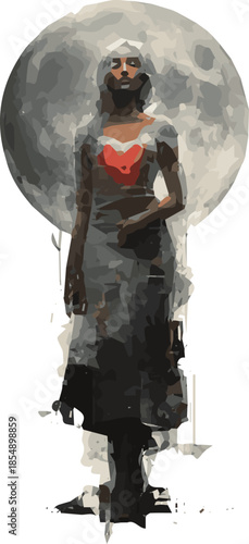 Create a A hauntingly beautiful full-body hyper-realistic expressive mixed-media portrait of a mysterious young woman standing beneath a vast, luminous full moon at night vector art.
