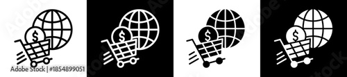 Global Commerce Icon Set In Black And White Filled Style Collection 