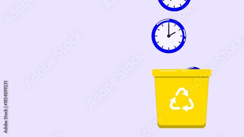 Loop animation of clocks falling into trash bin symbolizing wasting time, procrastination, poor time management and inefficiency on solid background.