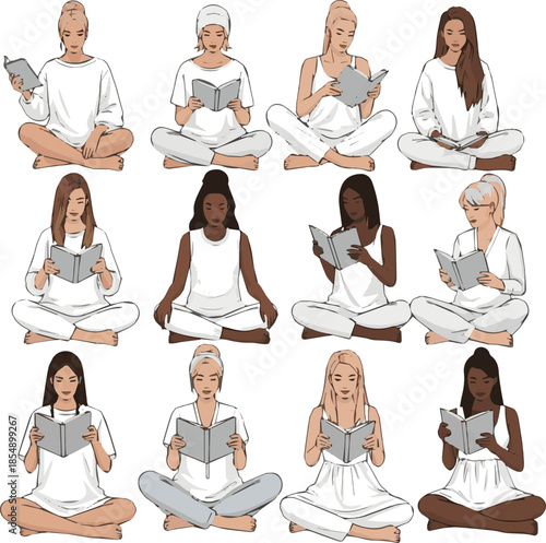 Create a kinds of deferent Woman in white casual home outfit and reading a book sitting on an invisible sofa, vector art with white background..