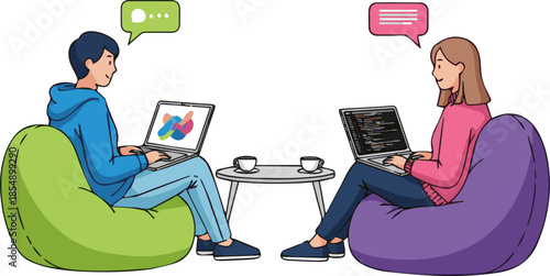 Create a kinds of deferent Two people sitting on bean chairs and talking and working with laptop, vector art with white background..